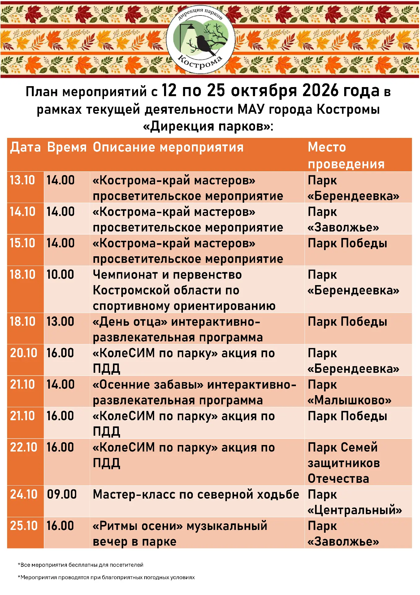 Мероприятия на открытом воздухе в следующие две недели!