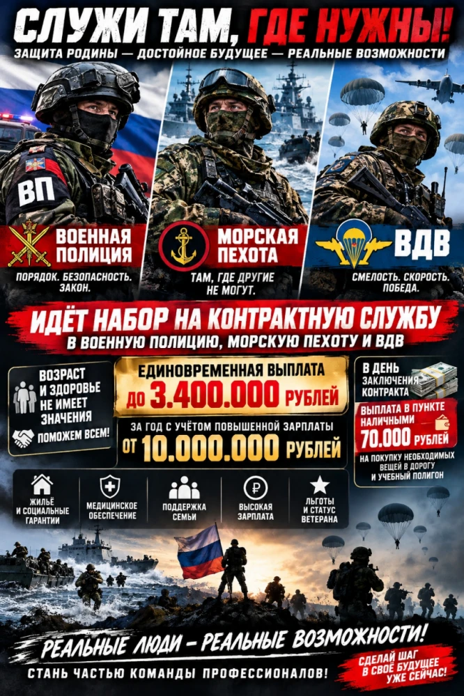 Идёт набор по направлениям: Военная полиция, Морская пехота и ВДВ.