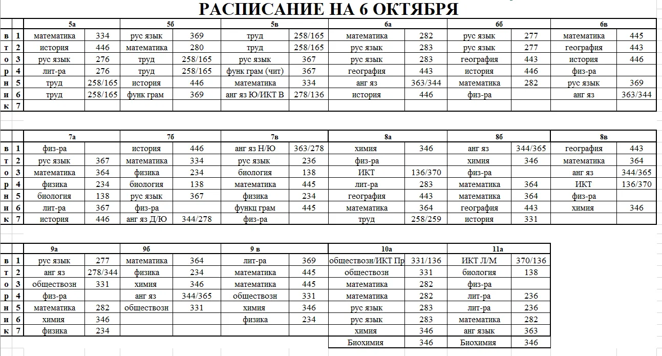 Расписание на 6 октября