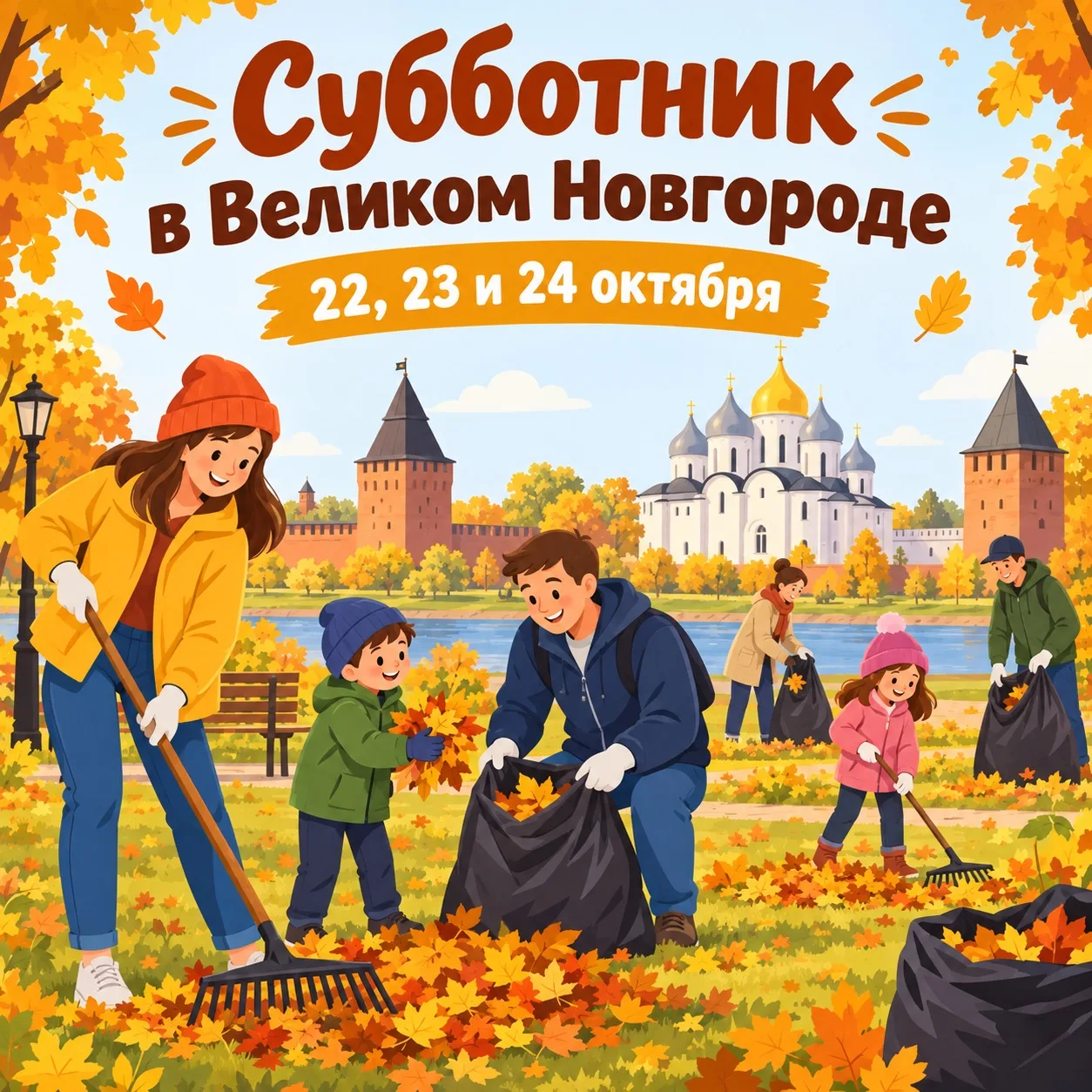 Приглашаем новгородцев на общегородской субботник, который пройдёт 22, 23 и 24 октября 🍁