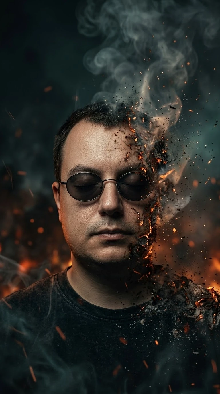 A surreal cinematic portrait of a young man with oval sunglasses, eyes closed, calm exp...