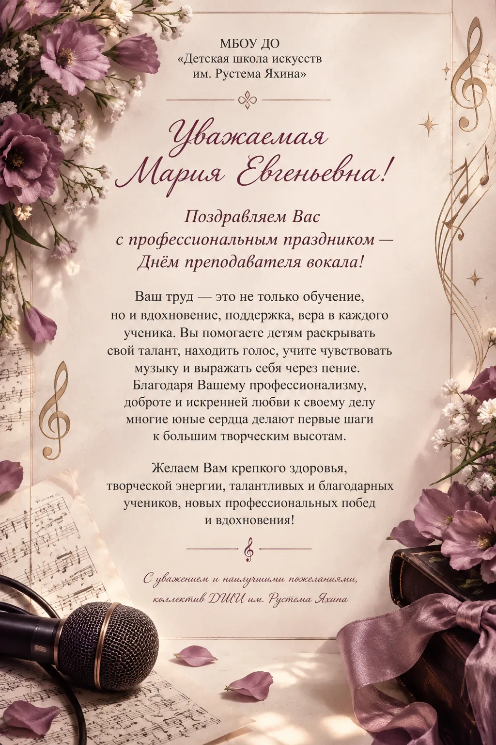 От имени ДШИ им. Р. Яхина мы поздравляем нашего замечательного педагога, Санникову Мари...