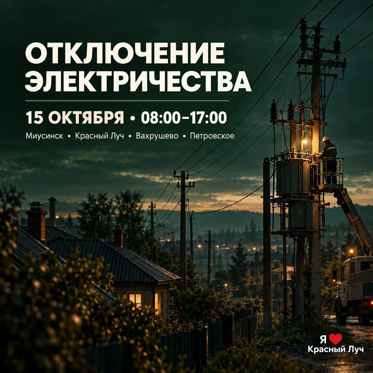 ⚡️г. Миусинск — 15.10.2026 с 08:00 до 17:00 в связи с ремонтными работами на ВЛ 0,4 кВ ...