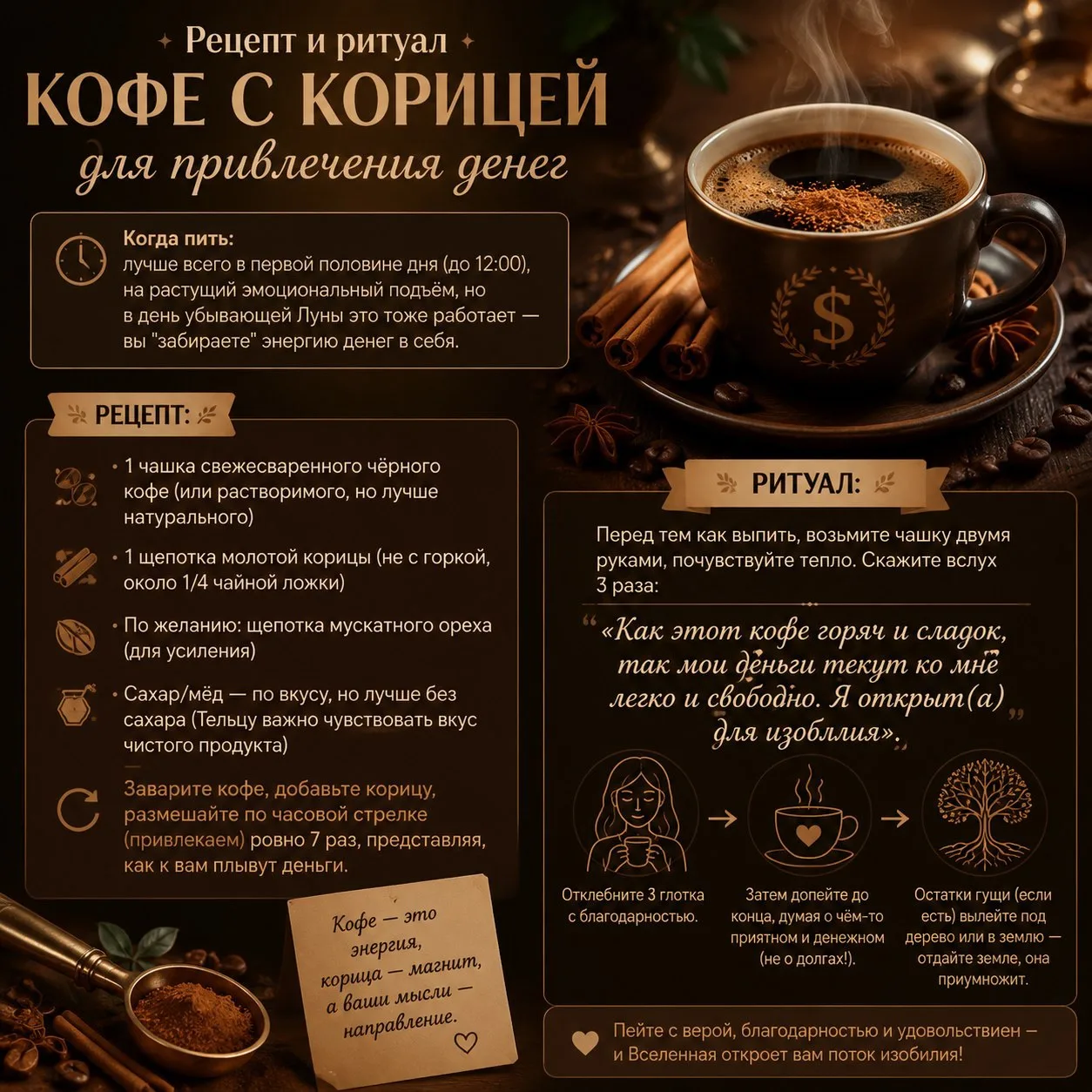 Рецепт и ритуал кофе ☕️с корицей для привлечения денег 💵