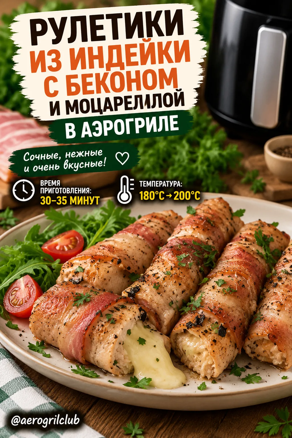 Сочные рулетики из индейки с беконом и моцареллой в аэрогриле 🧀🔥