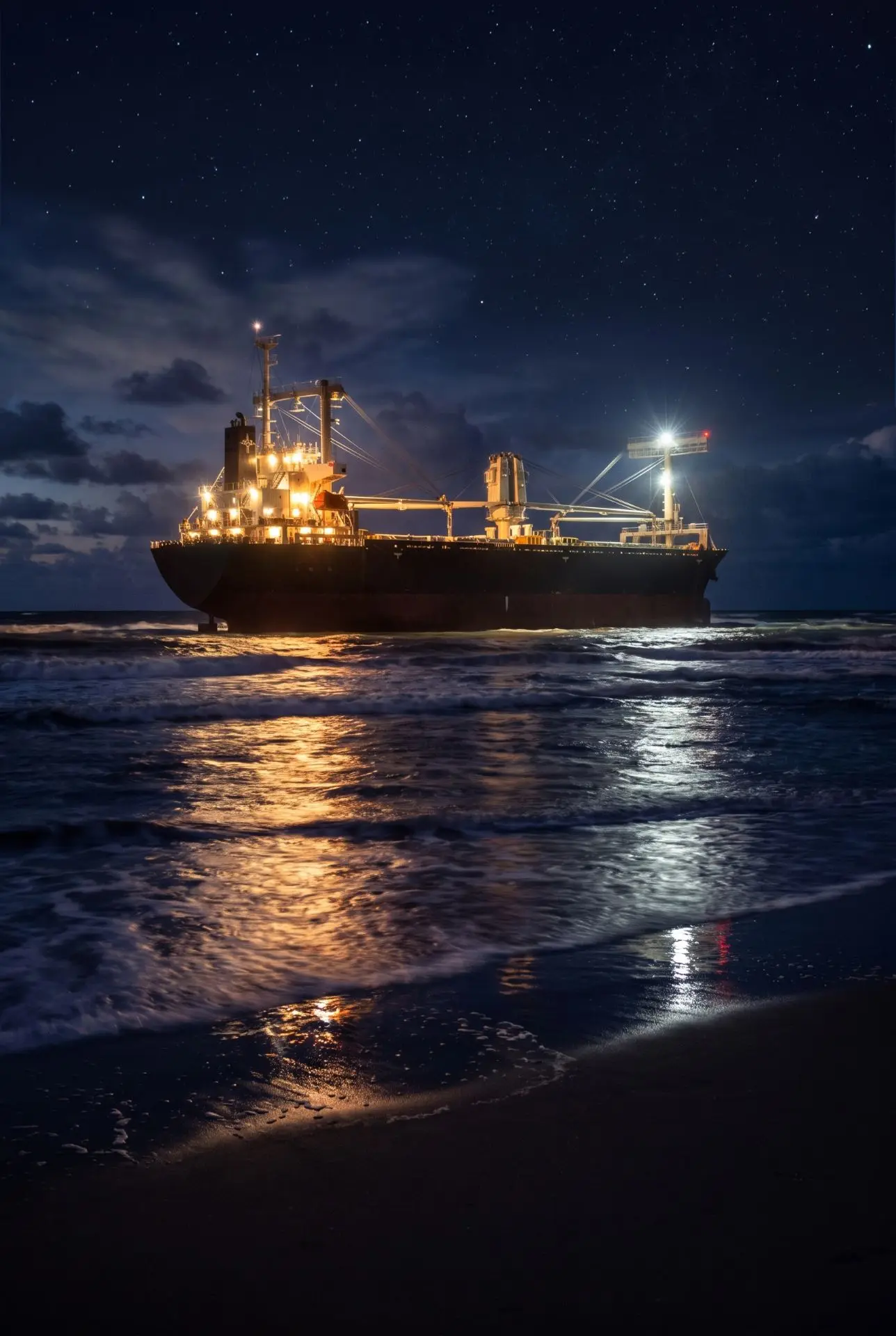 Первая ночная фотография судна SUNNY FAITH, севшего вчера на мель в Янтарном 🚢🌙