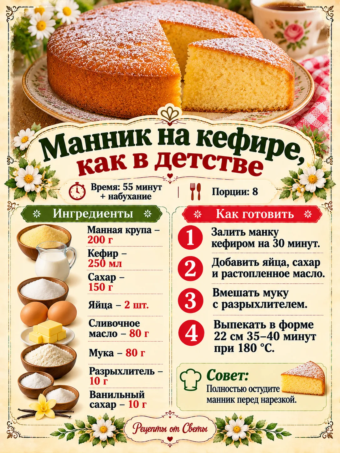 🍰 Пышный манник на кефире, который превращает самые простые продукты в уютное домашнее...