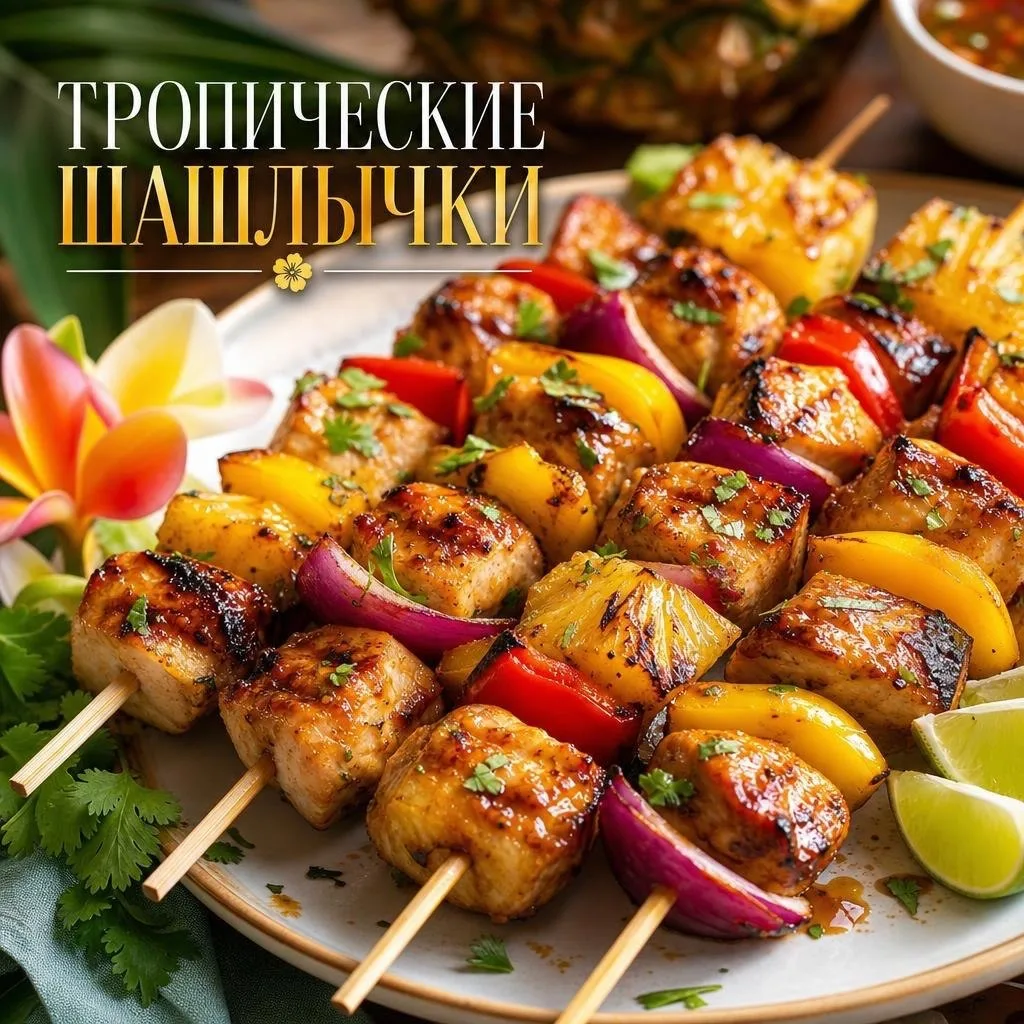 Тропические шашлычки — яркое, сочное и очень летнее блюдо с нежной курицей, ананасом и ...