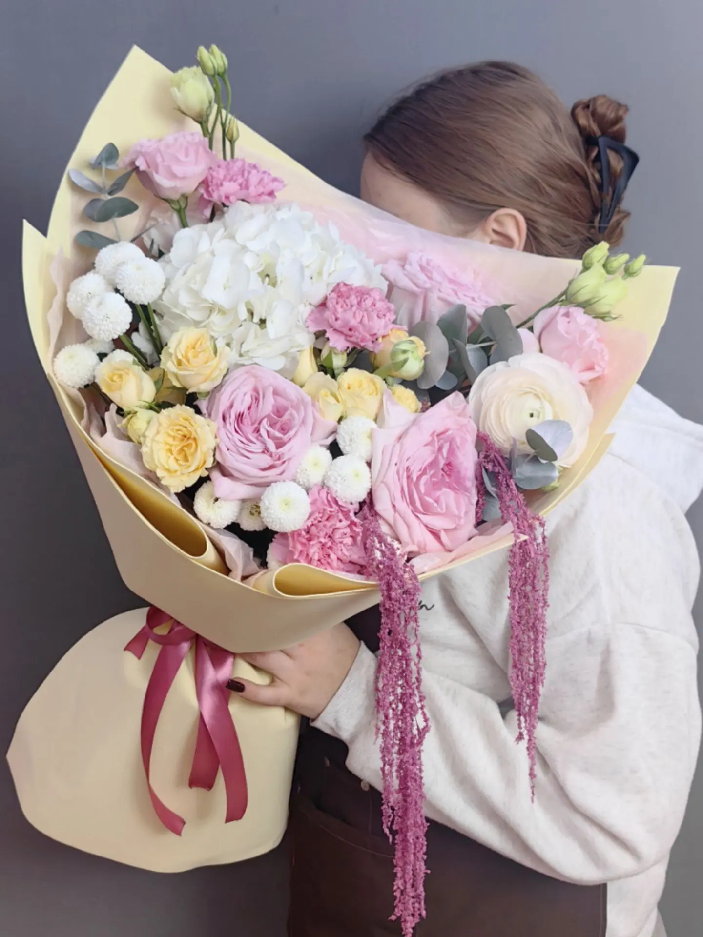 🌸Авторский букет в нежной гамме с ароматной пионовидной розой, гортензией и амарантом