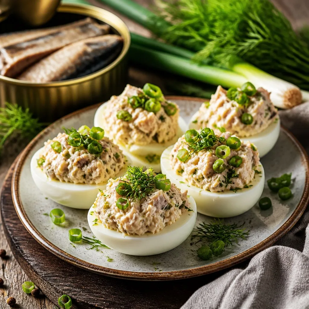 Яйца, фаршированные рыбной начинкой — лёгкая и быстрая закуска на основе консервов: под...