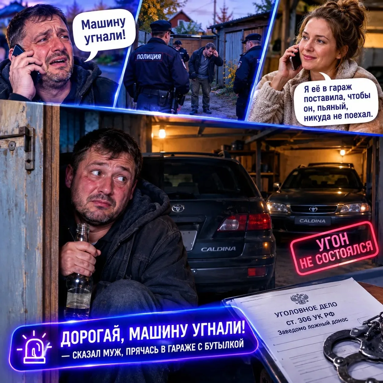 🚔 «Дорогая, машину угнали!» — сказал муж, прячась в гараже с бутылкой
