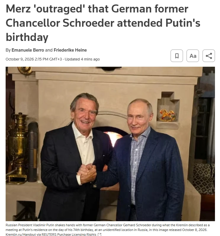 Мерц "глубоко возмущен" тем, что бывший канцлер Германии Шрёдер посетил день рождения П...