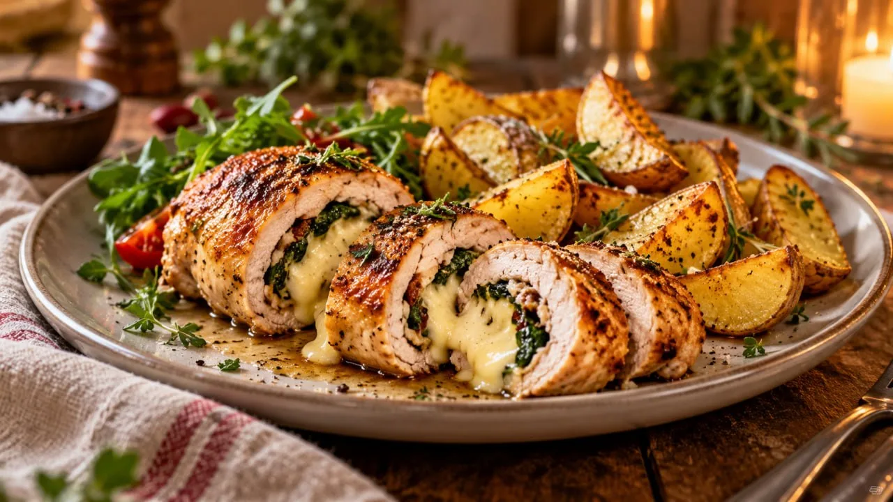 Куриные рулетики с сыром и картофель по-деревенски
