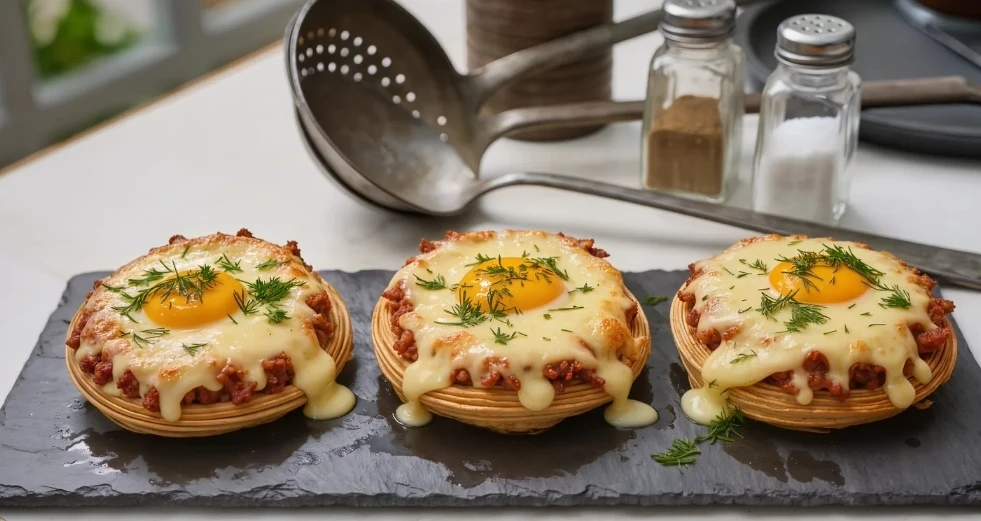 🍳 МЯСНЫЕ ГНЕЗДА С ХРУСТЯЩЕЙ СЫРНОЙ КОРОЧКОЙ И ЯЙЦОМ — 89₽/порция