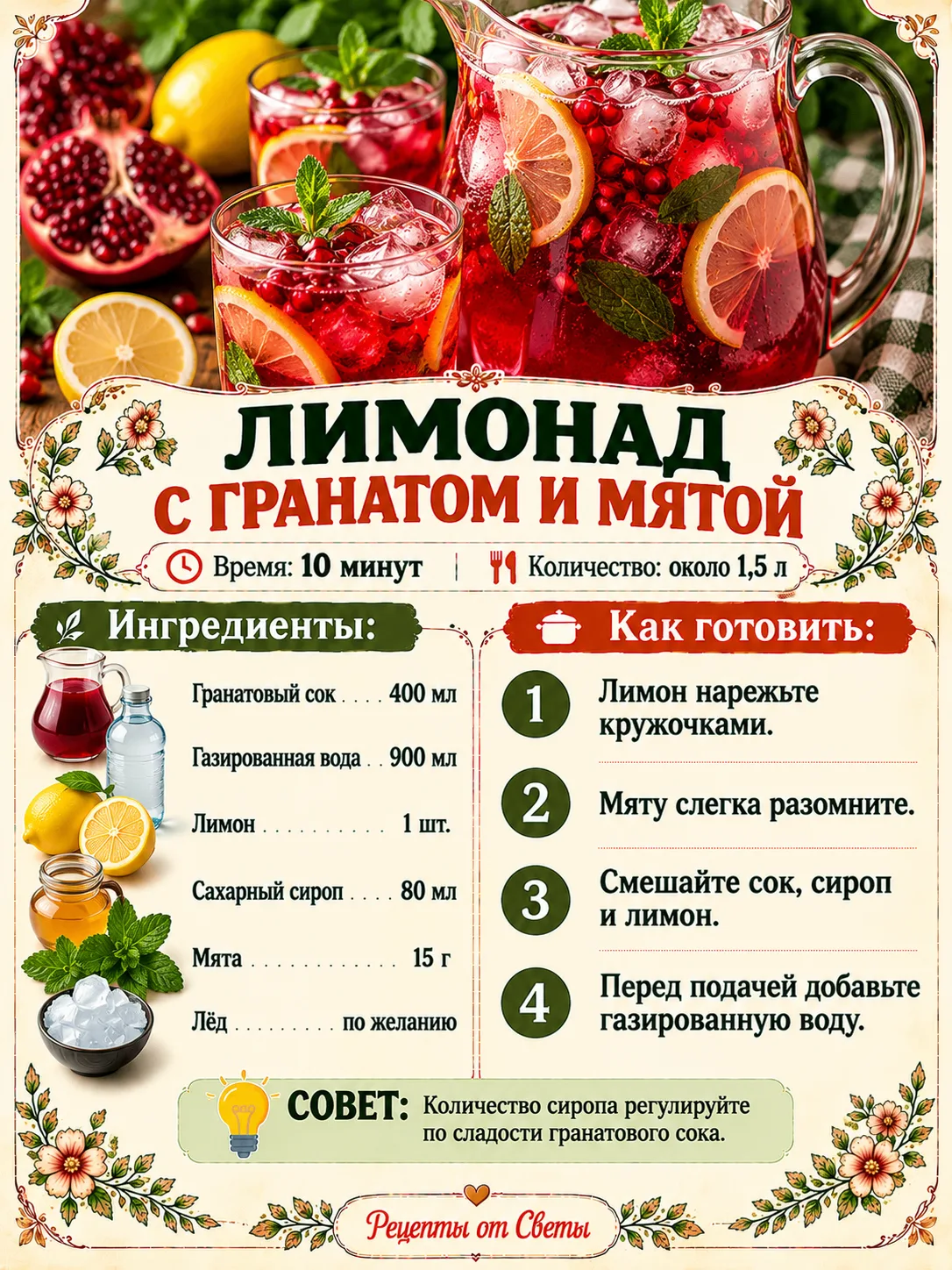 🍹 Лимонад с гранатом и мятой, яркий, освежающий и с приятной кислинкой, от одного вида...