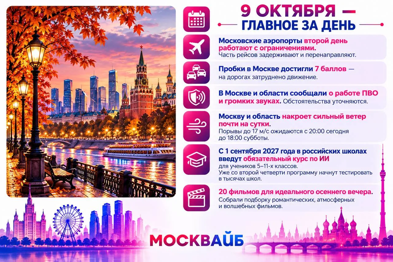 9 октября в Москве главными темами стали ограничения в работе аэропортов, пробки до 7 б...