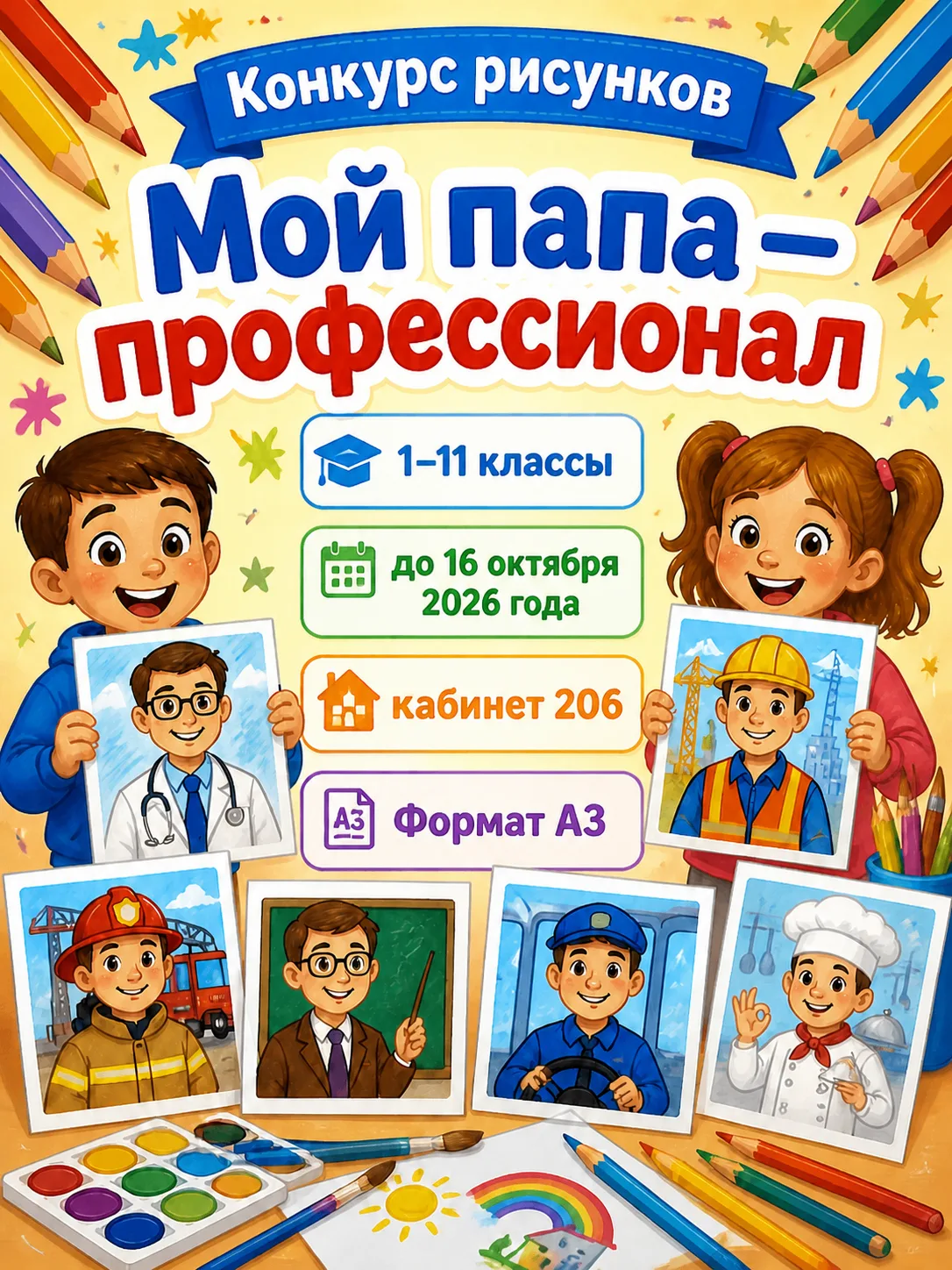 🎨 Конкурс рисунков «Мой папа — профессионал» 👨‍🔧👨‍⚕️👨‍🍳Приглашаем учеников 1–11 к...