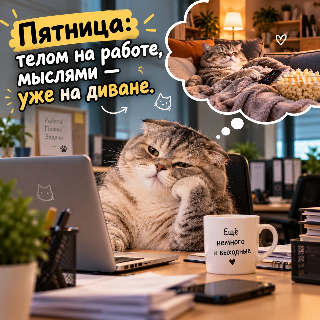 😂 Пятница: это когда телом ещё на работе, а мыслями уже дома на диване! 🛋️