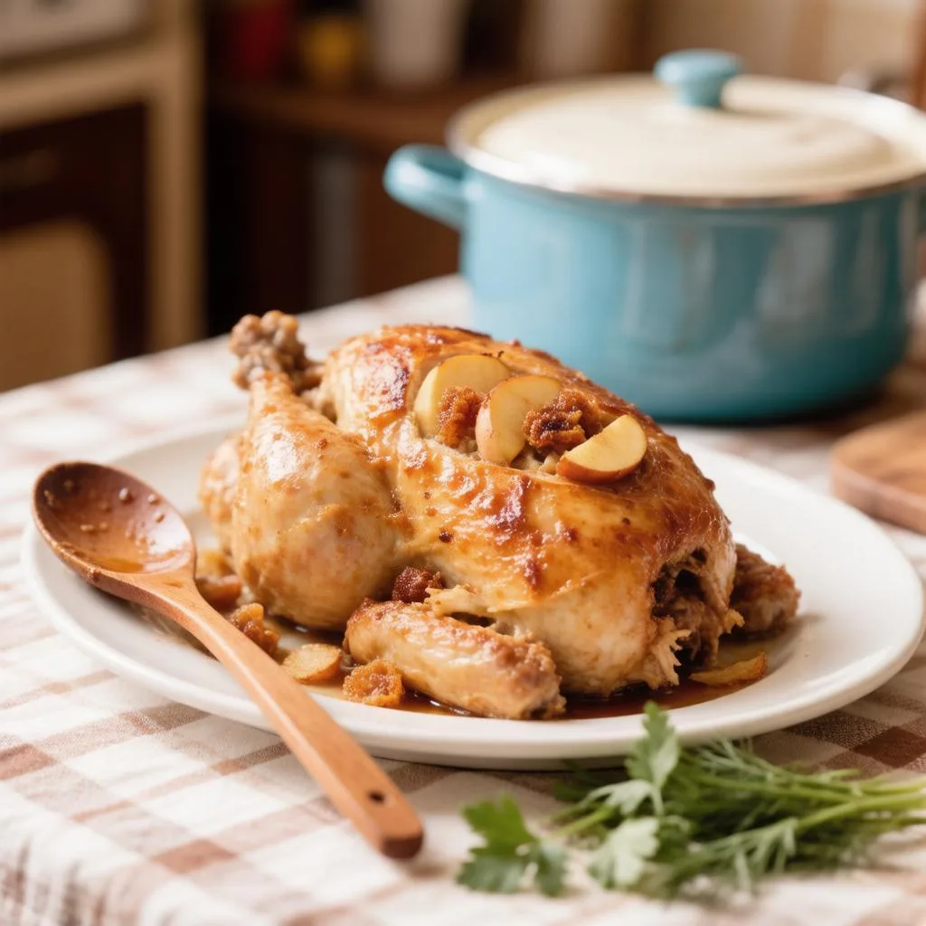 Курица, фаршированная яблоками и курагой