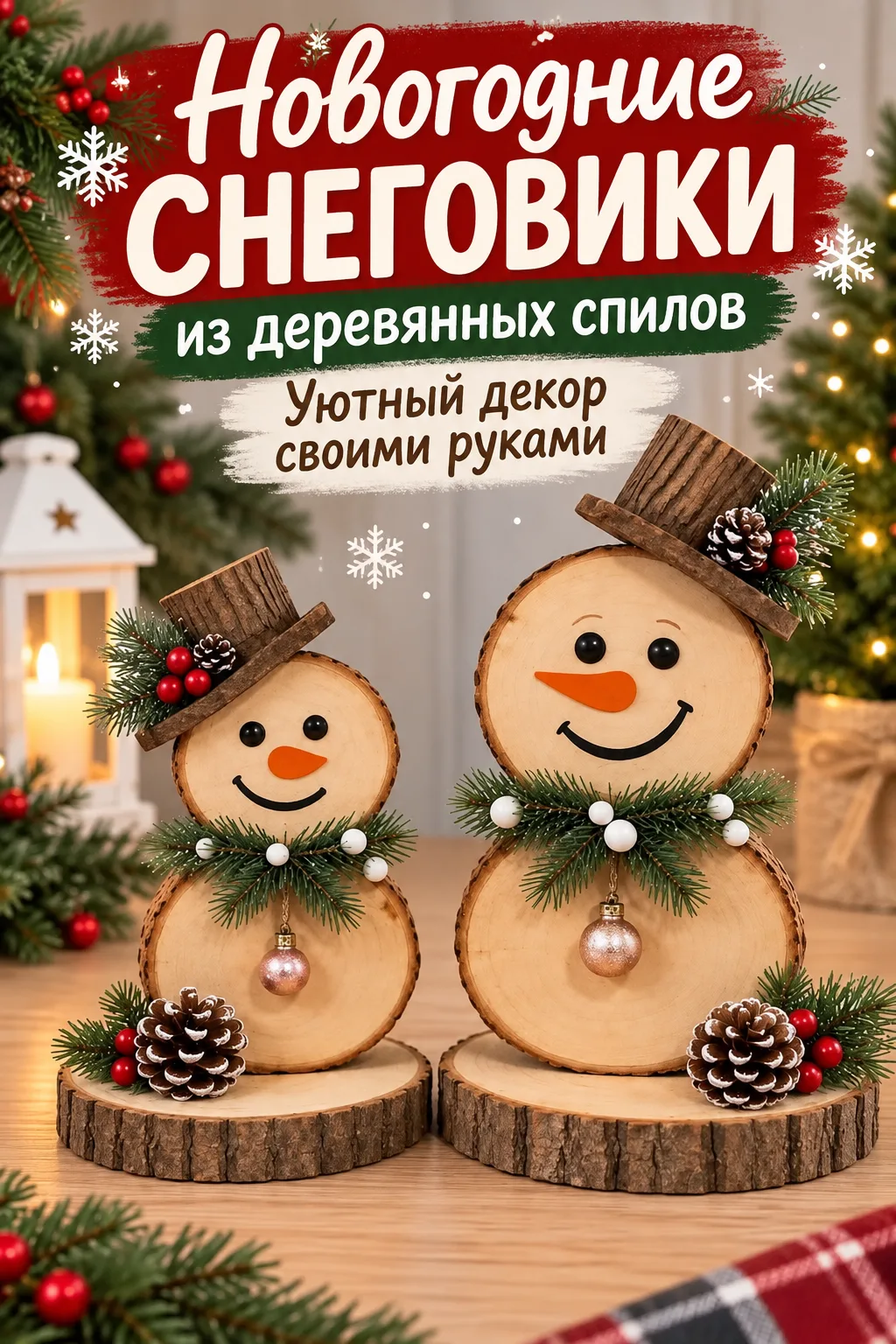 Новогодние снеговики из деревянных спилов — уютный декор своими руками в деревенском ст...