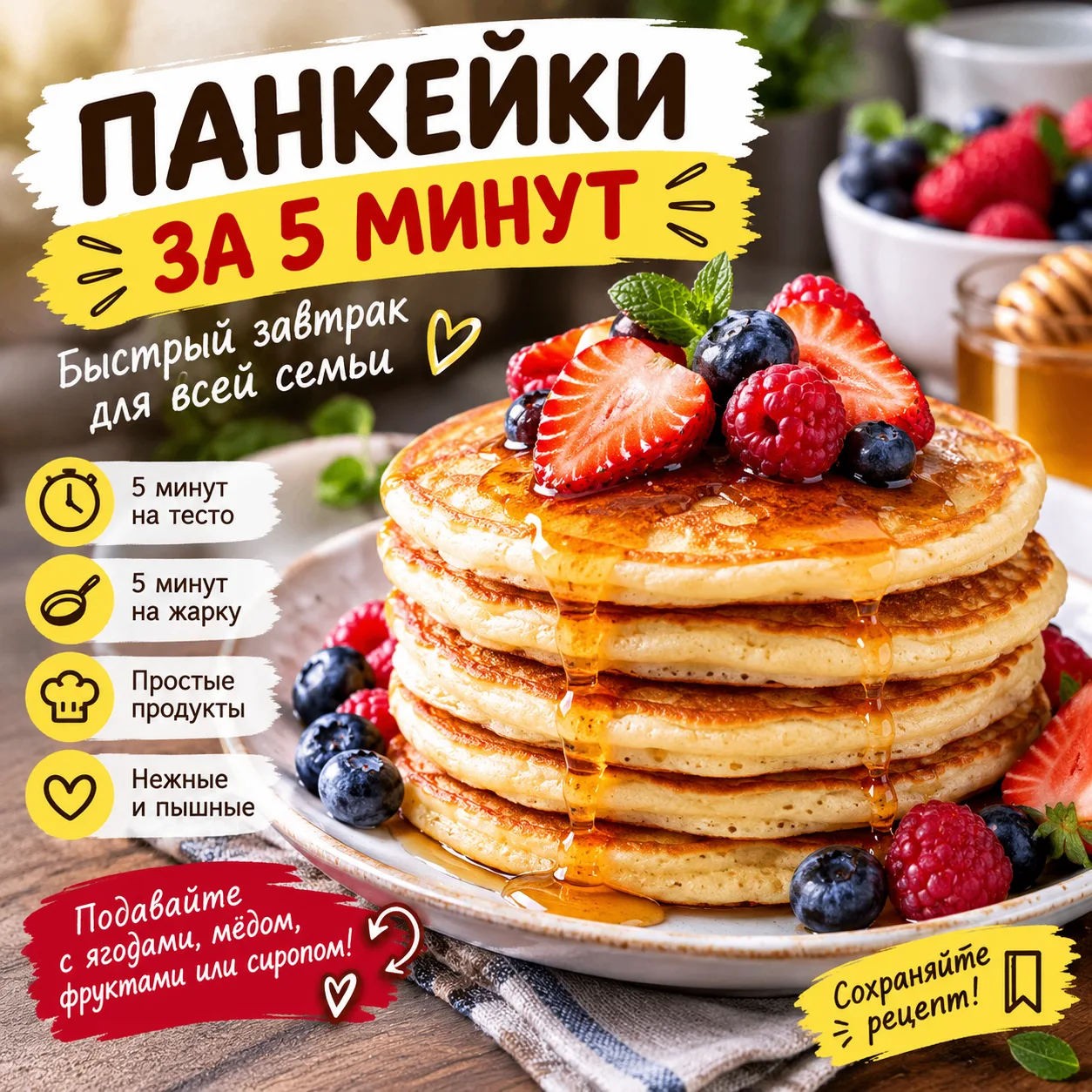 🥞 ПАНКЕЙКИ ЗА 5 МИНУТ! Завтрак, ради которого хочется встать пораньше 😍