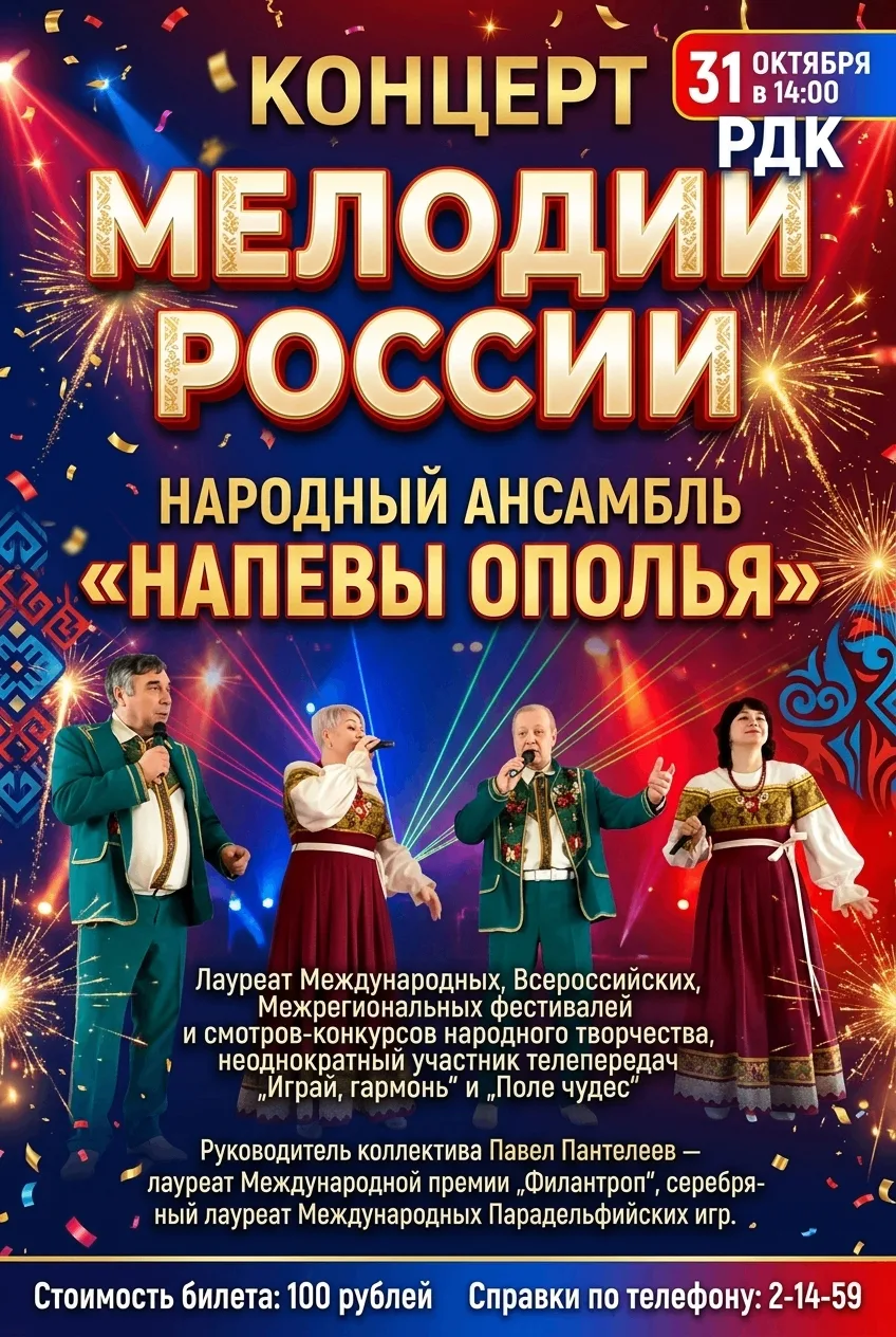 31 октября в 14:00 в Районном Доме культуры состоится концерт «Мелодии России», который...
