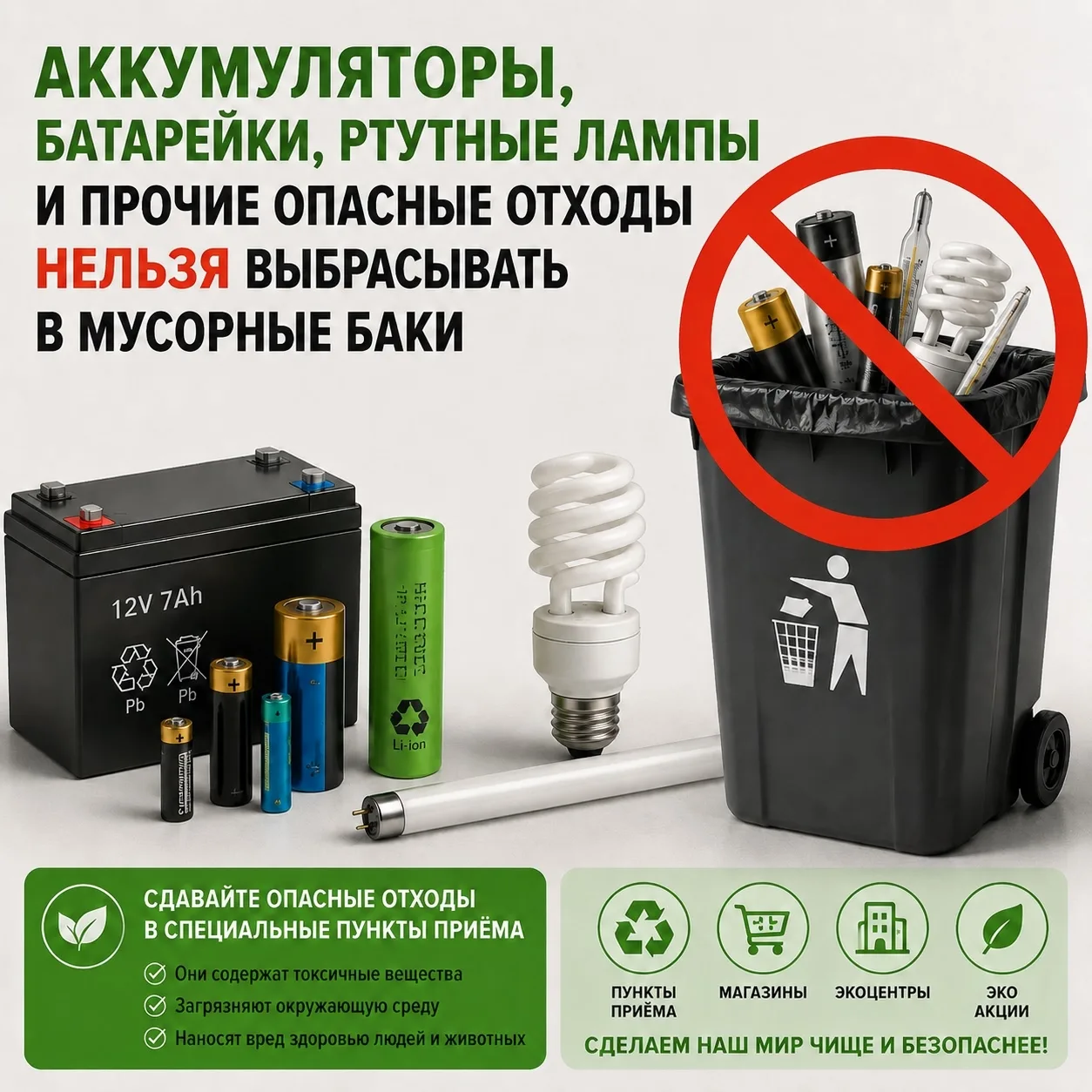 Напоминаем: опасные отходы требуют правильного обращения. Аккумуляторы, батарейки, ртут...