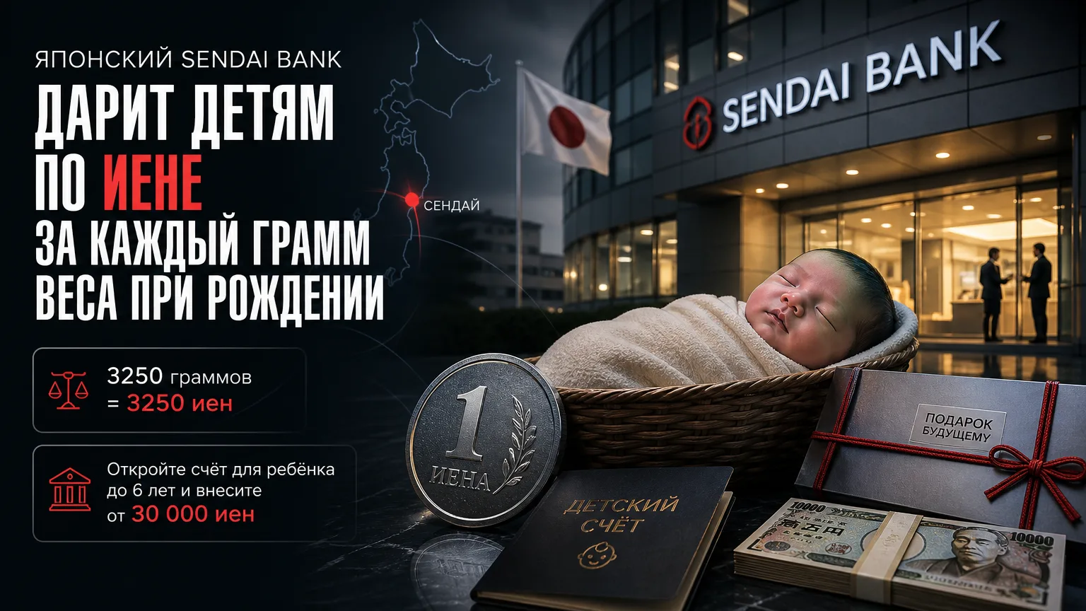 👶 Японский Sendai Bank дарит детям по иене за каждый грамм веса при рождении
