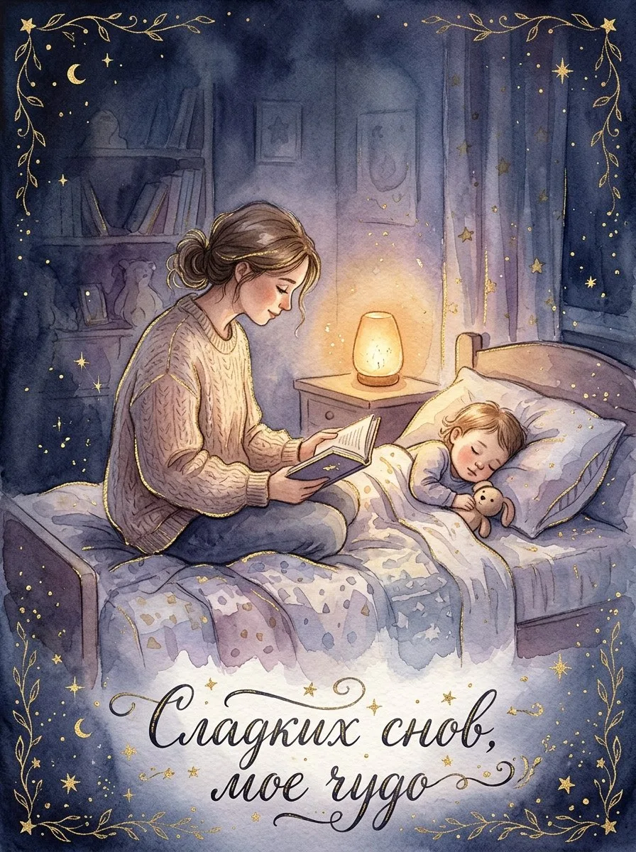 Сладких снов, моё чудо! Мама читает книгу, а звёзды тихо мерцают за окном, укутывая ком...