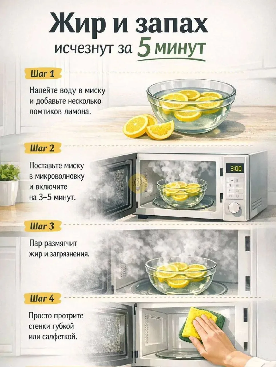 Жир и запах в микроволновке исчезнут за 5 минут