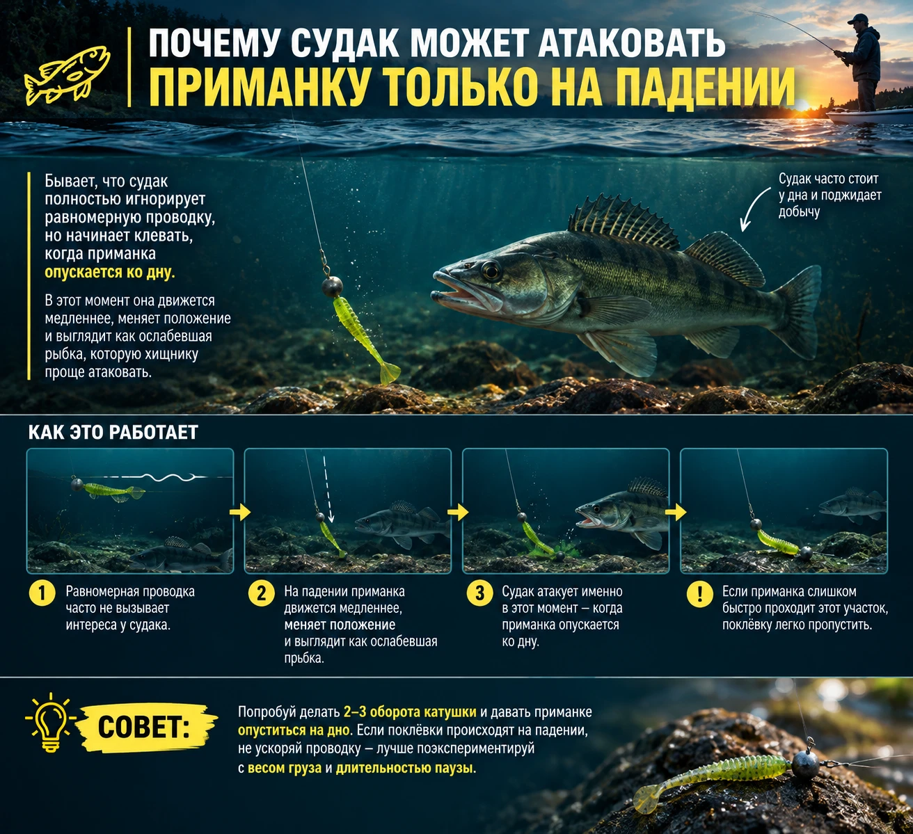 🎣 Почему судак может атаковать приманку только на падении