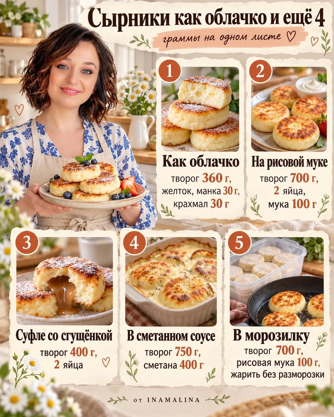 Сырники как облачко и ещё 4 моих рецепта — граммы на одном листе, сохраните к завтраку.