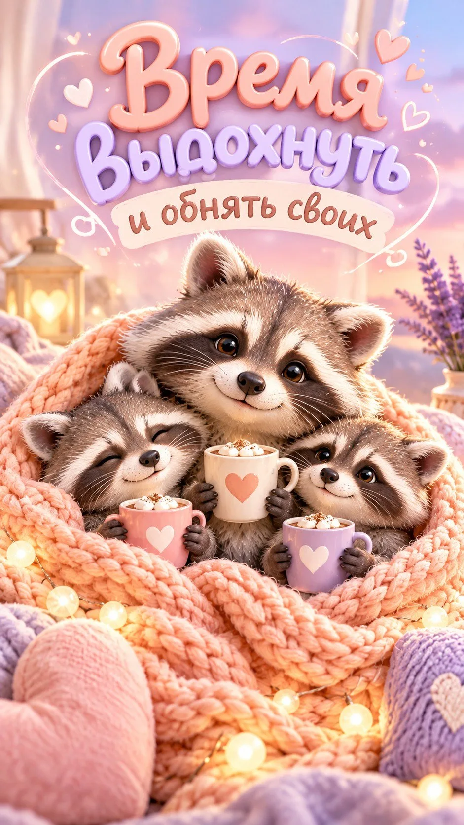 Время выдохнуть и обнять своих! Семья енотов уютно укуталась в вязаный плед с чашками к...