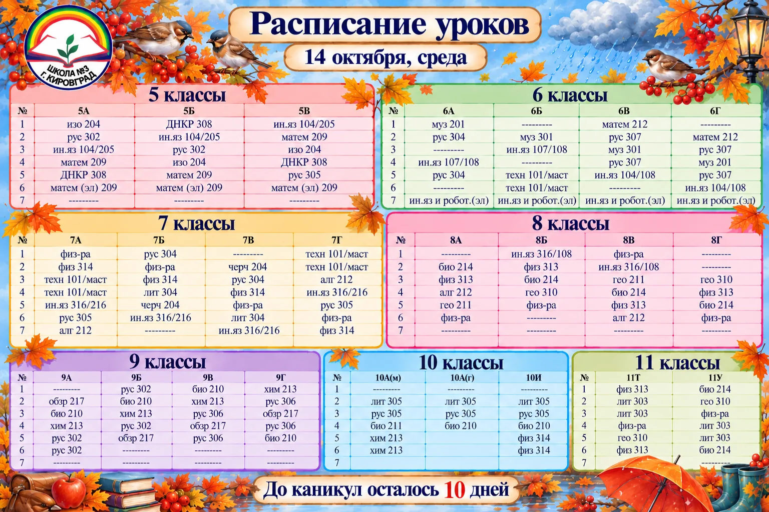 Расписание уроков на среду 14.10