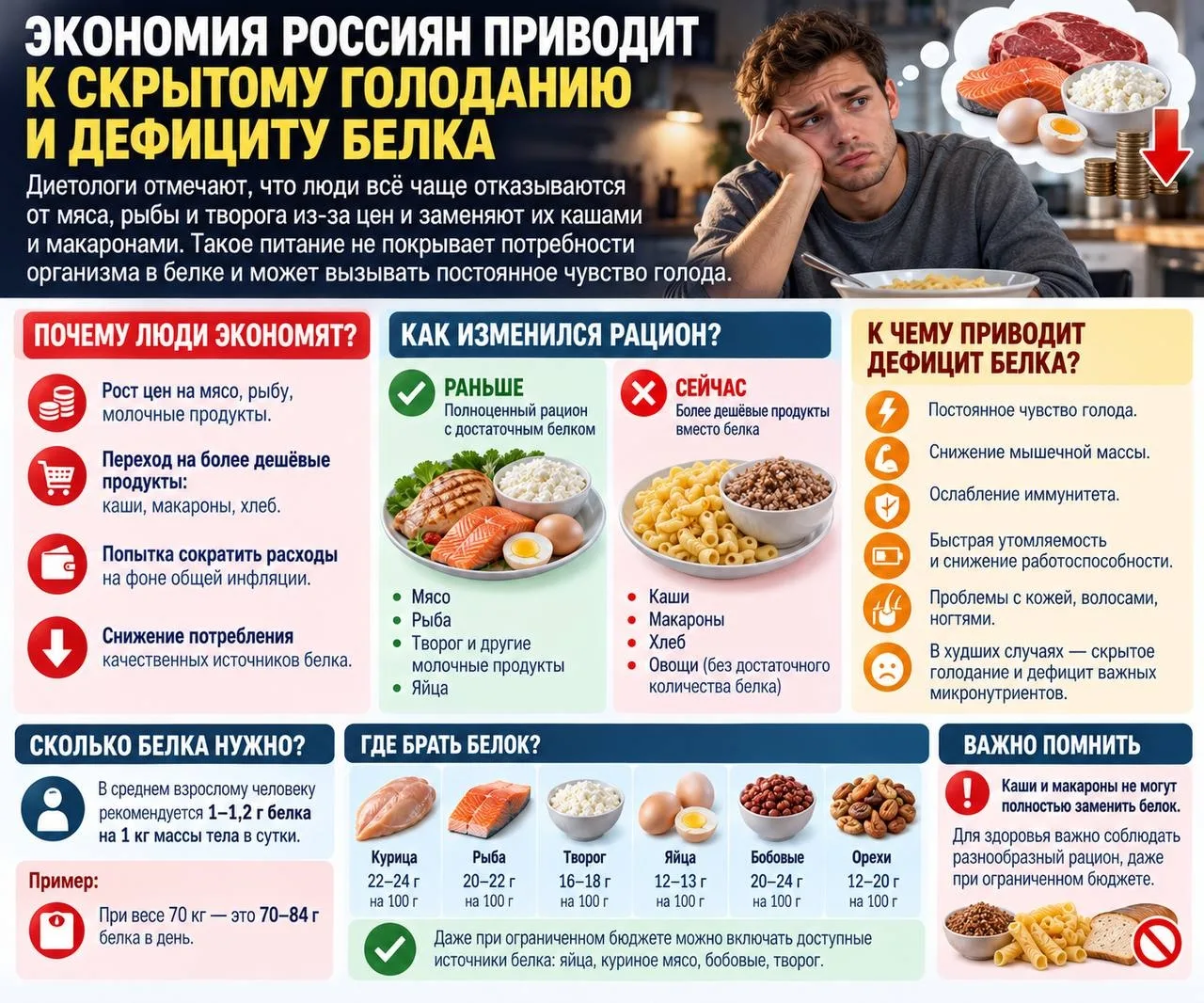 Экономия россиян приводит к скрытому голоданию и дефициту белка, рассказали диетологи.