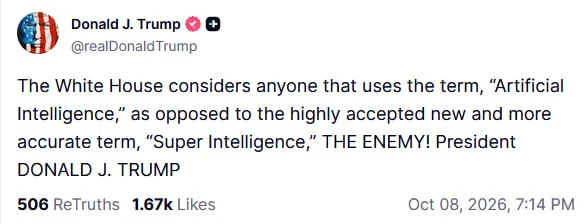 👀Трамп назвал врагами всех, кто не использует термин "сверхинтеллект", введенный им вм...