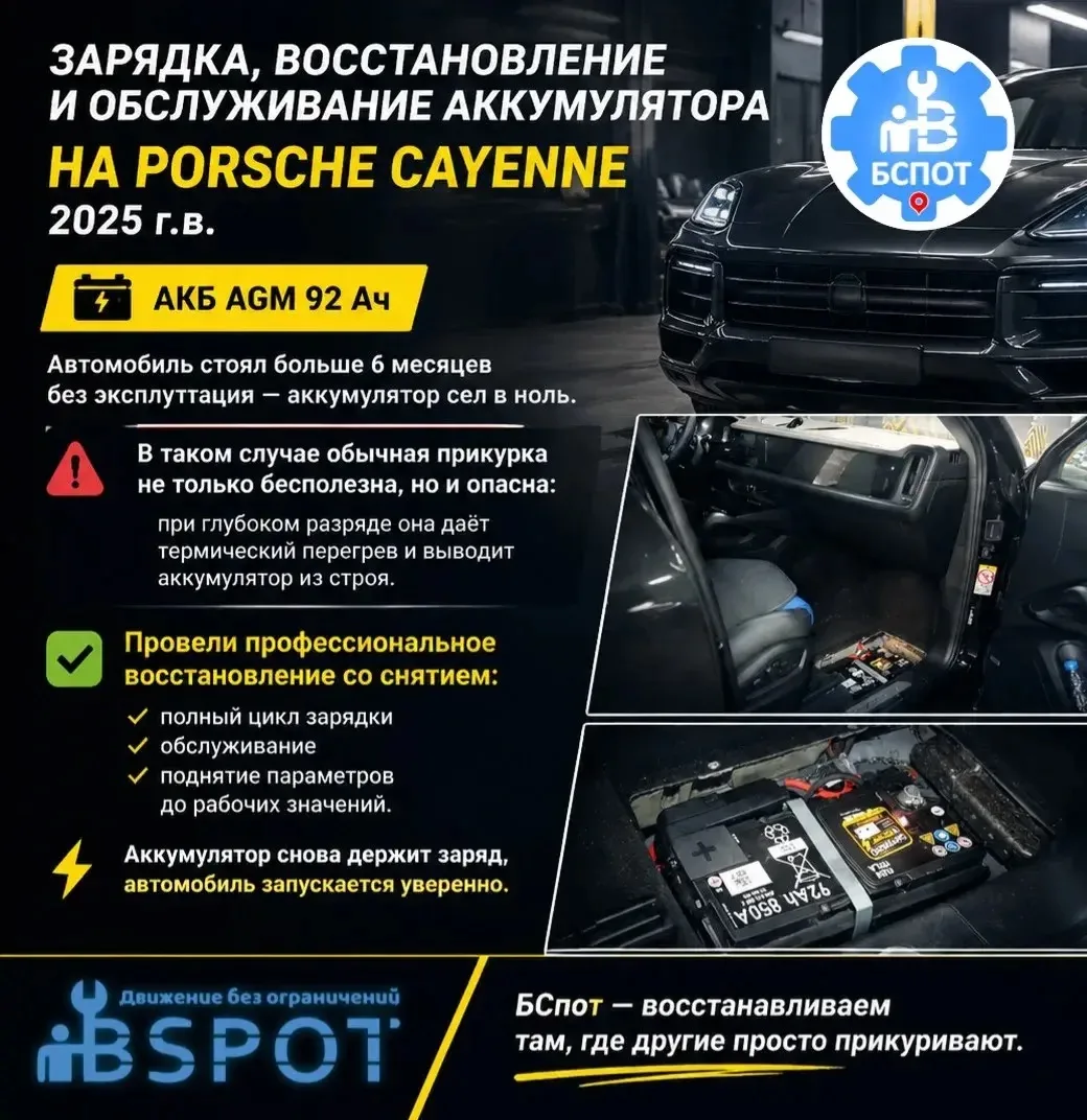 Зарядка, восстановление и обслуживание аккумулятора на Porsche Cayenne 2025 г.в.