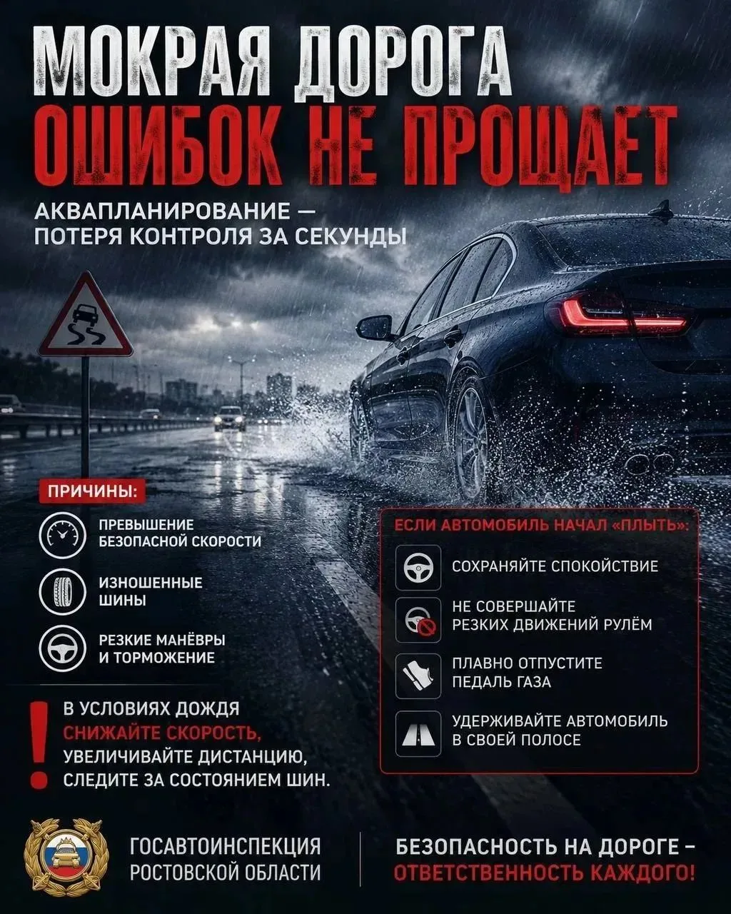 ⚠️ В Ростовской области — ухудшение погоды! Из‑за осадков дорожное покрытие стало мокры...