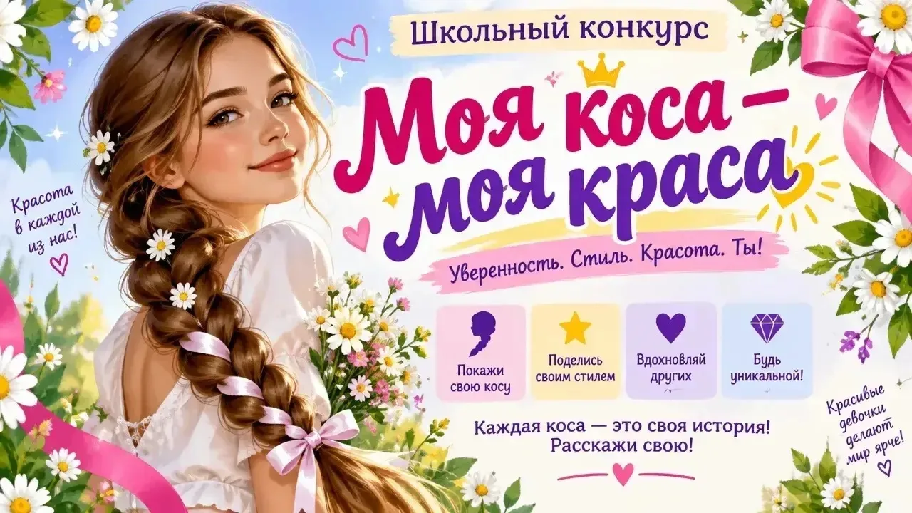 14 октября для учениц 5-11 классов пройдет конкурс «Моя коса-моя краса». Успей принять ...