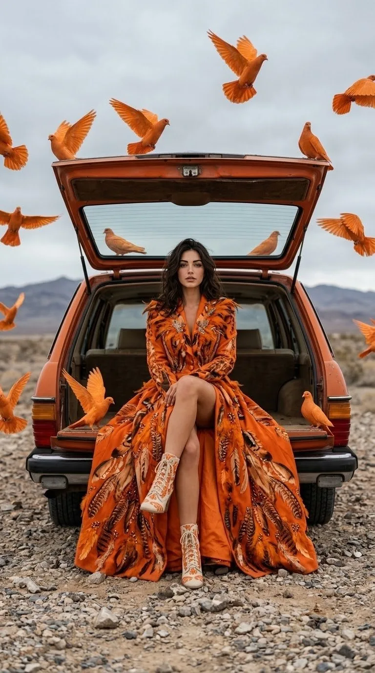 Промпт - девушка в багажнике автомобиля среди стаи оранжевых птиц🧡