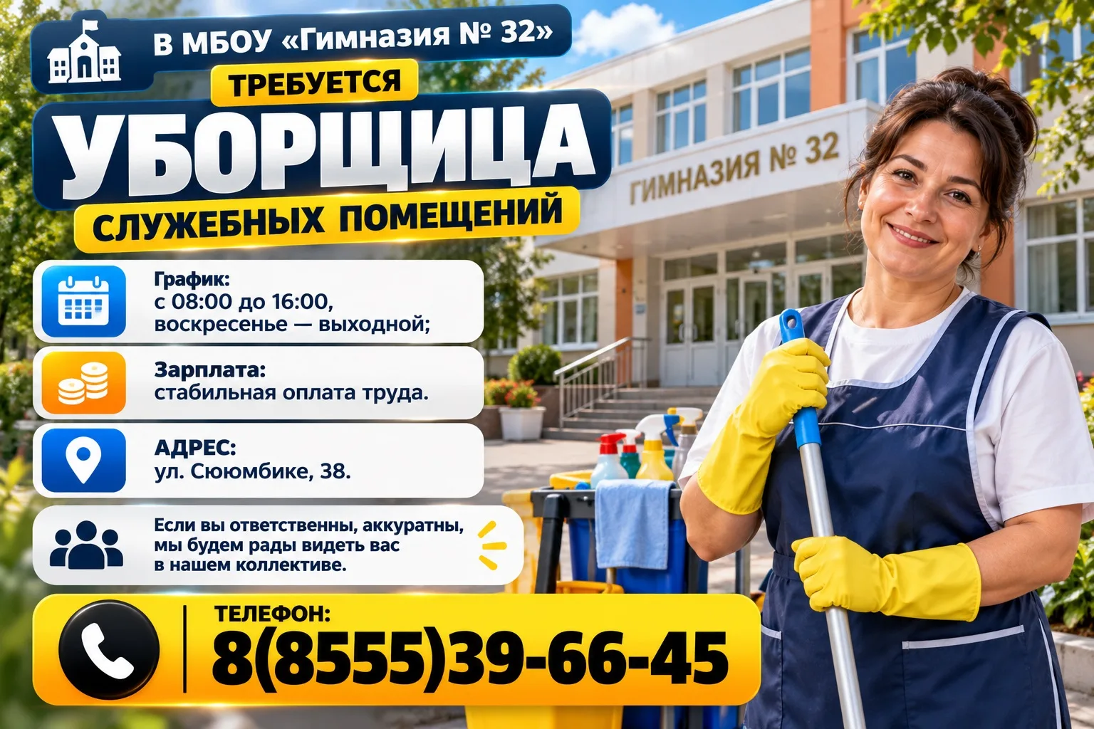В МБОУ «Гимназия № 32» требуется уборщица служебных помещений
