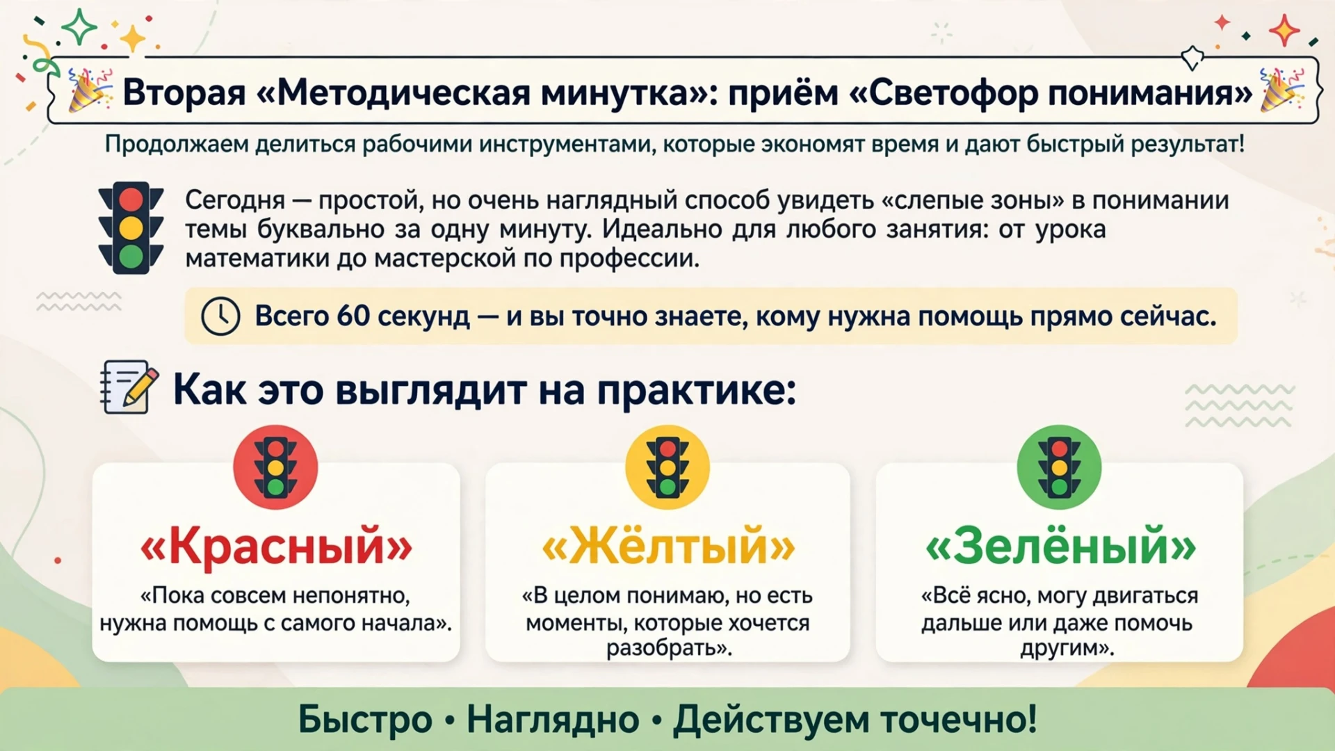 🎉 Вторая «Методическая минутка»: приём «Светофор понимания» 🎉