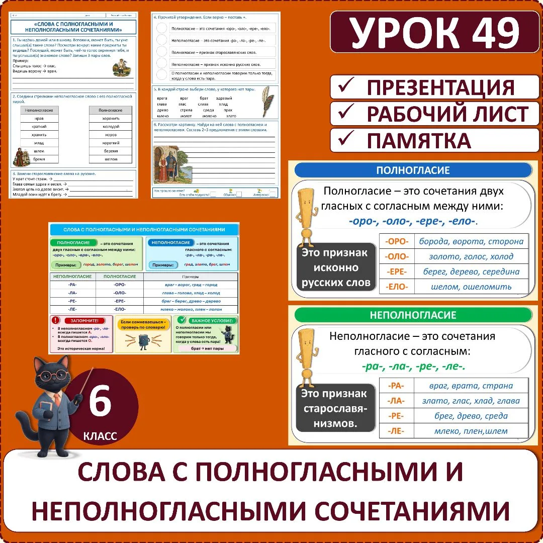 Комплект по русскому языку «Слова с полногласными и неполногласными сочетаниями», 6 класс