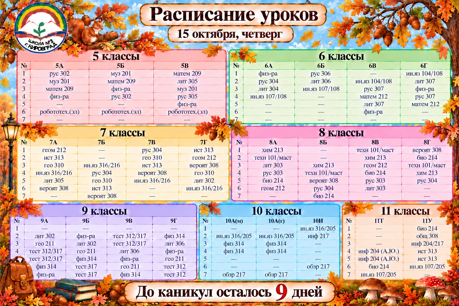 Расписание уроков на четверг 15.10