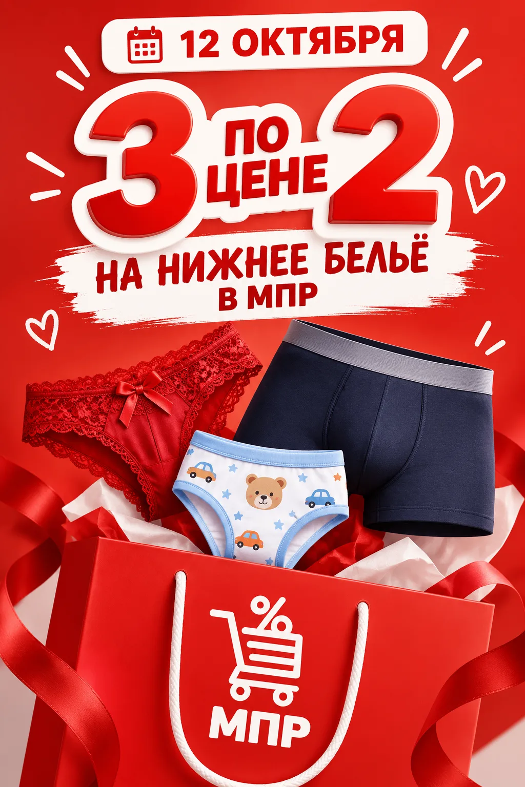 🔥 СУПЕРАКЦИЯ В МПР: 3 по цене 2 на нижнее белье! 🔥💥 Только 12 ОКТЯБРЯ! 💥Приходите в...