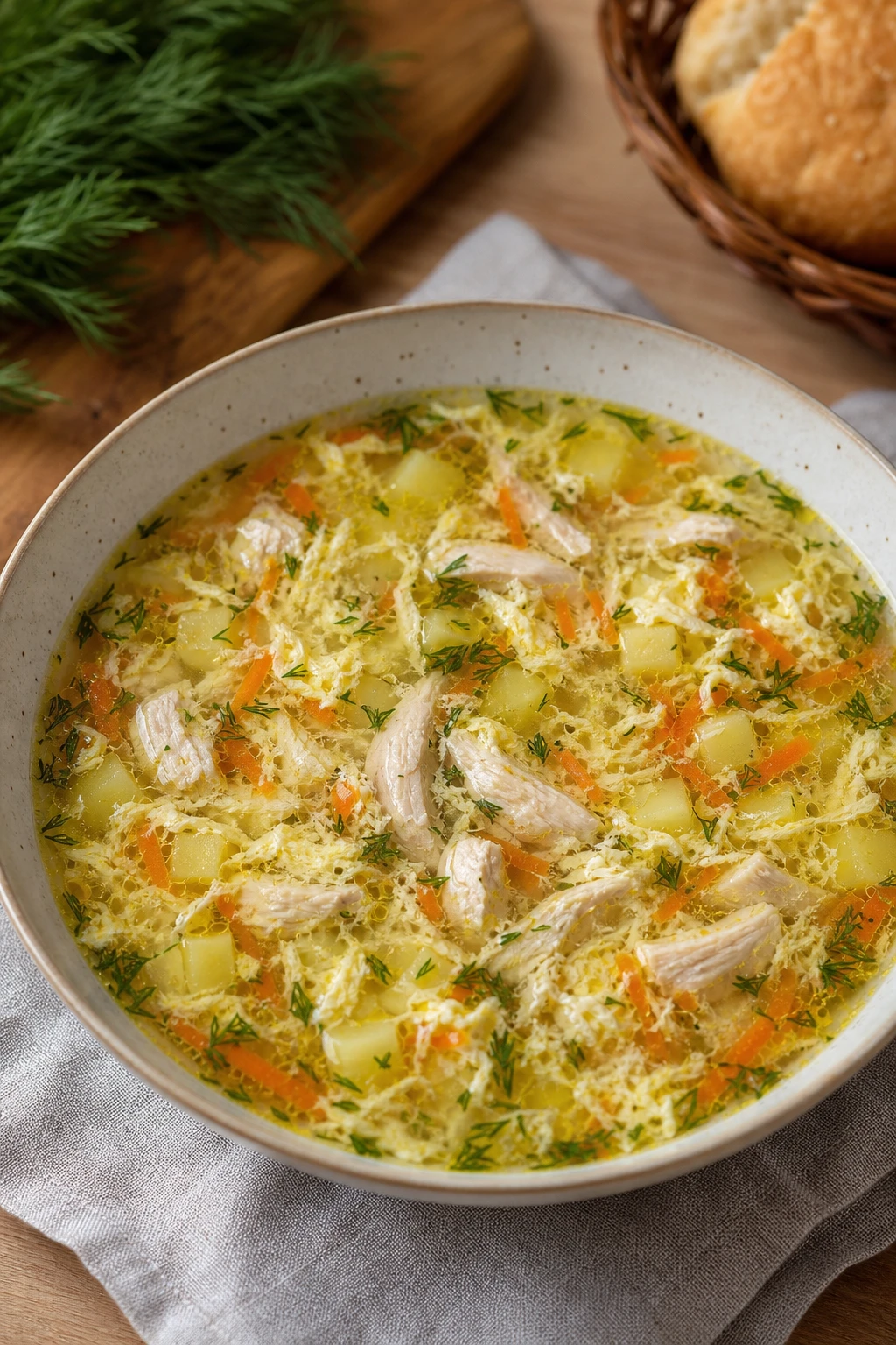 Куриный суп с паутинкой из яйца