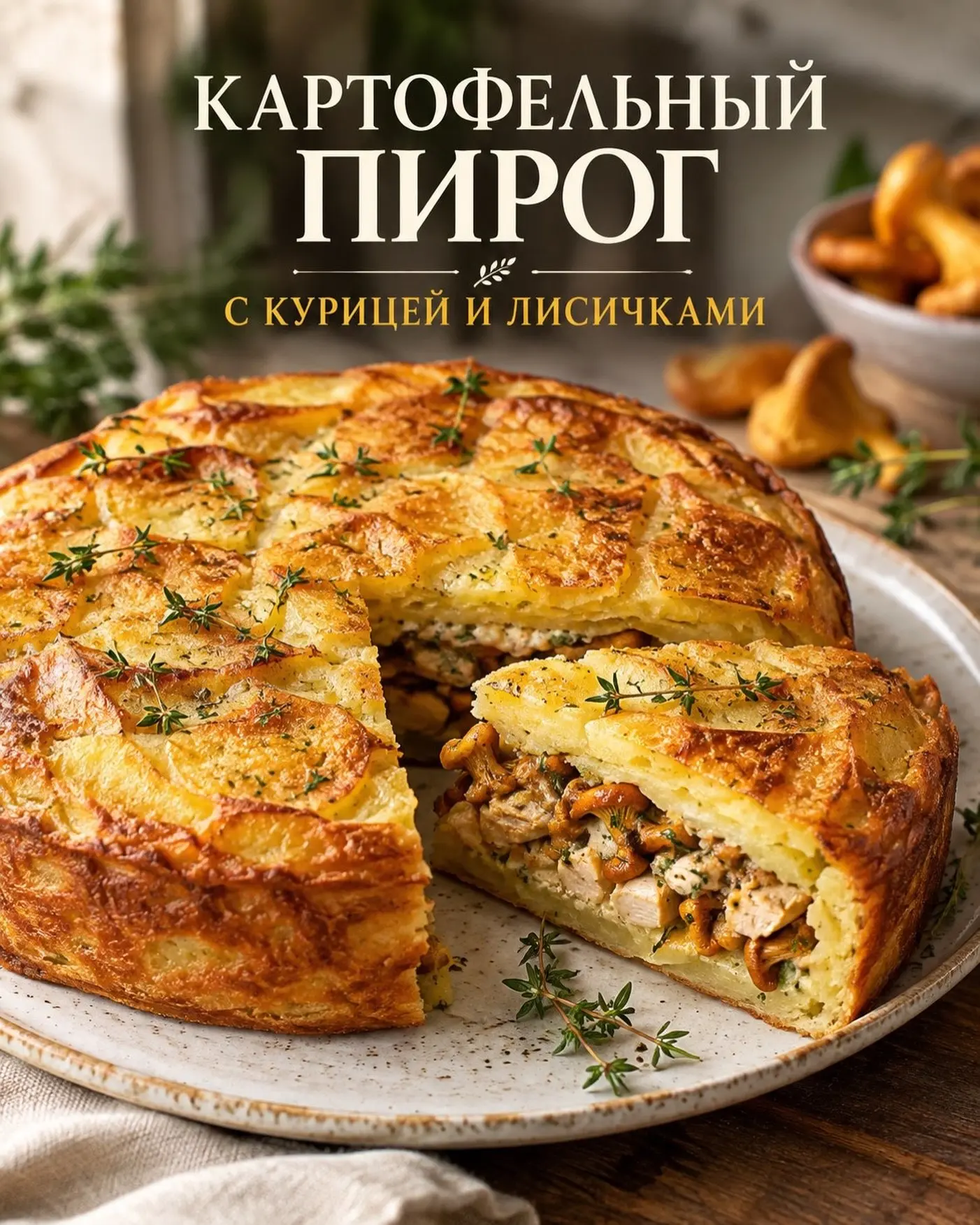 Картофельный пирог с курицей и лисичками — уютная домашняя выпечка с насыщенным вкусом ...