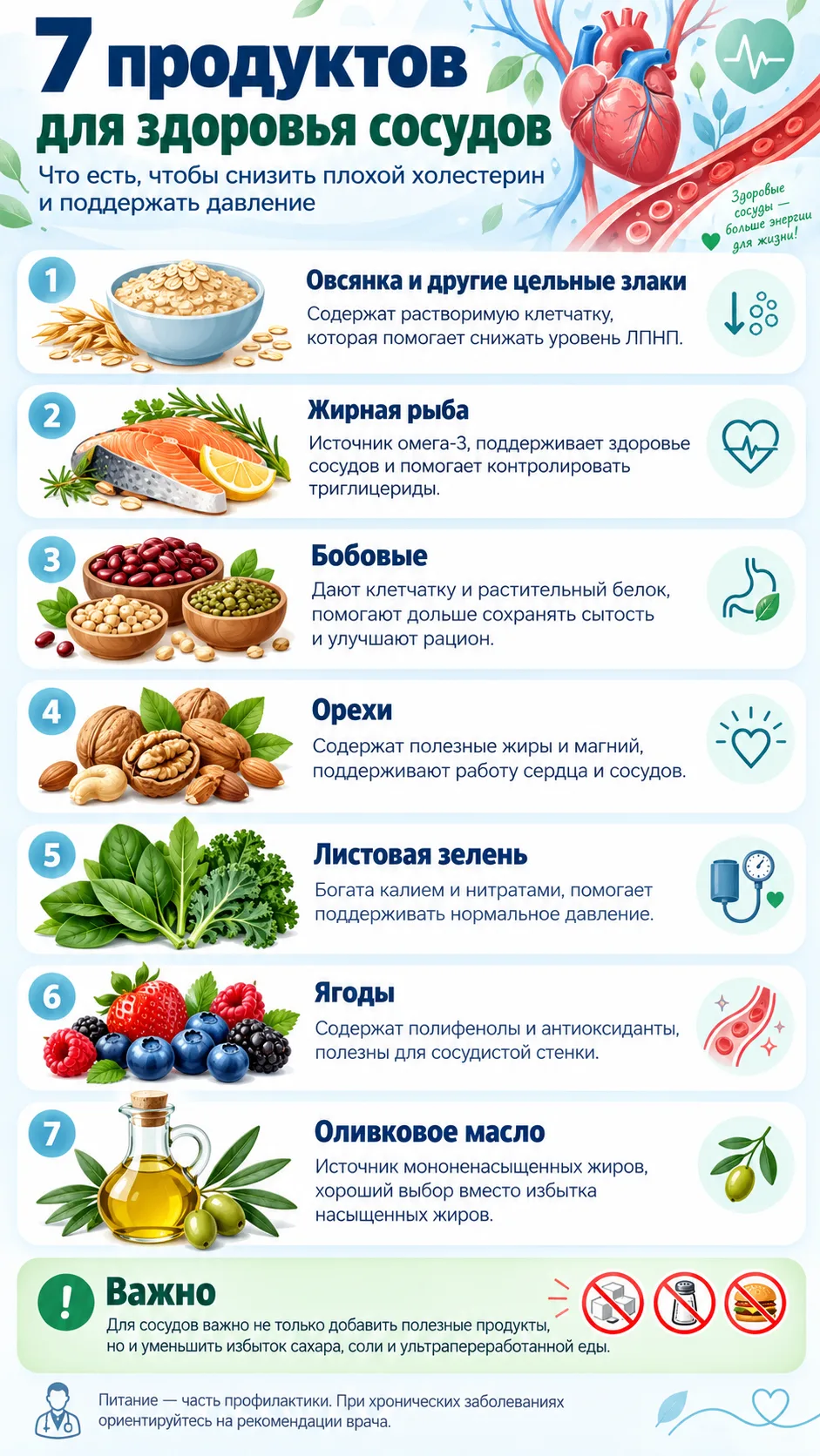 ❤️ 7 продуктов для здоровья сосудов: что есть, чтобы снизить плохой холестерин и поддер...