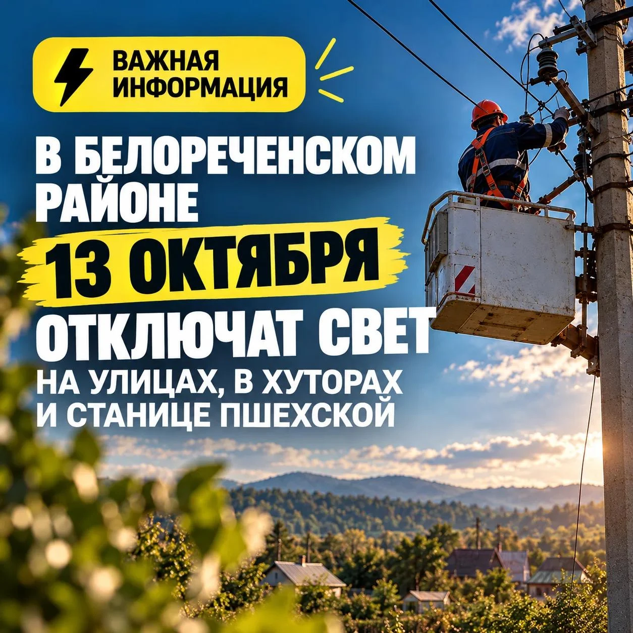 ⚡ В Белореченском районе 13 октября отключат свет на улицах, в хуторах и станице Пшехской