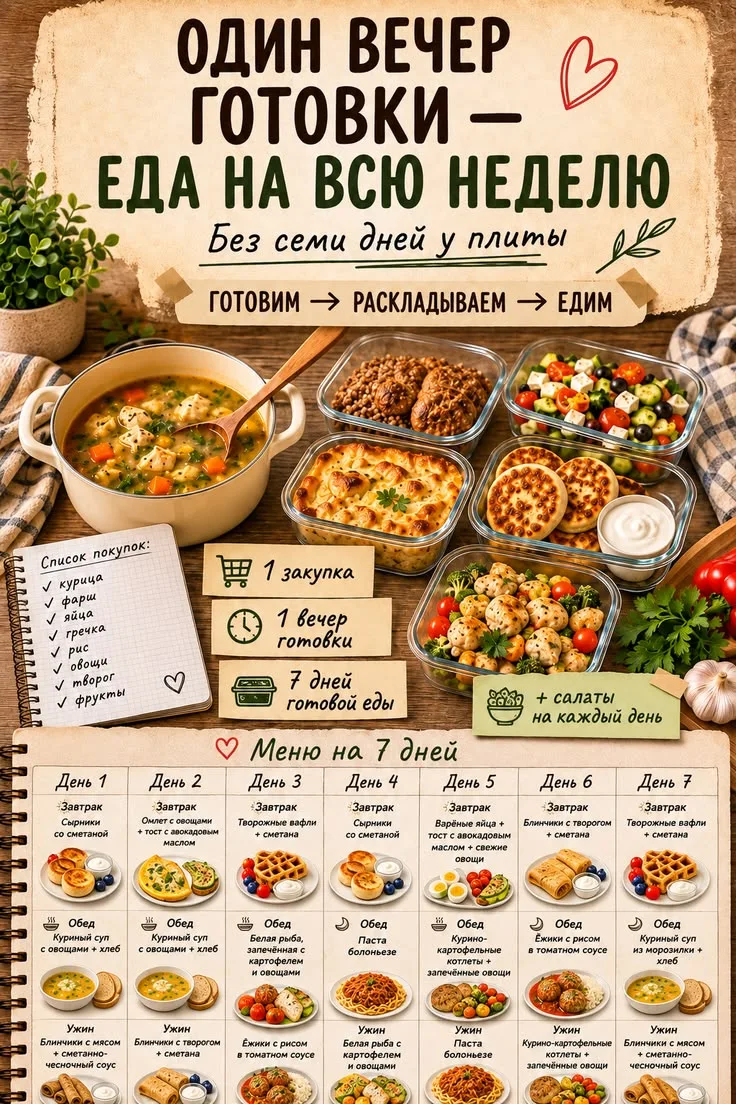 Меню на неделю: один вечер готовки — еда на 7 дней